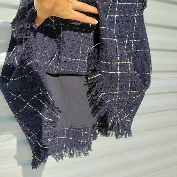 Onebuye Tweed Asymmetrical Sleeveless Raw Hem Blue Plaid Dress - Picture 6 of 14